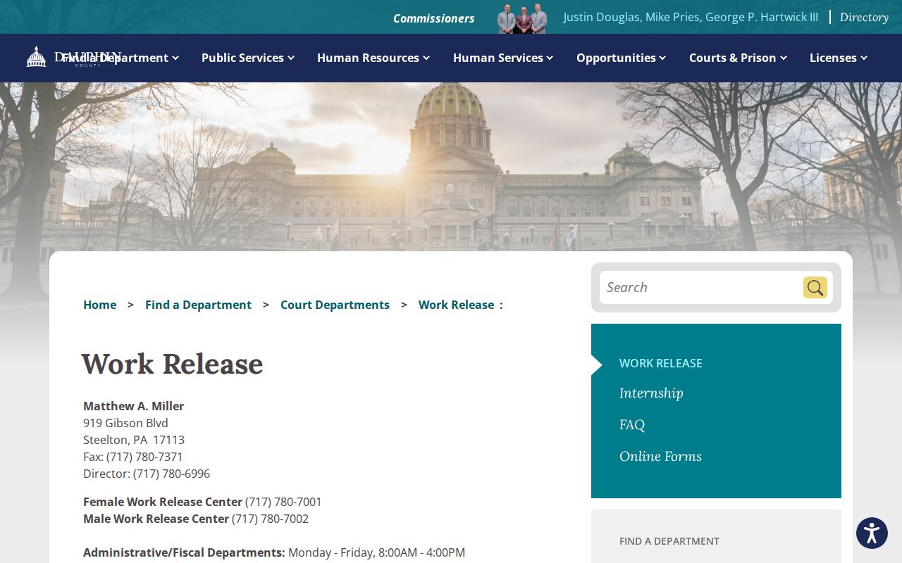 Dauphin County Work Release Center discharge and contact information