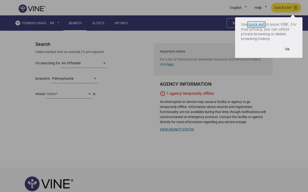 Dauphin County VINELink inmate search and release notification screen