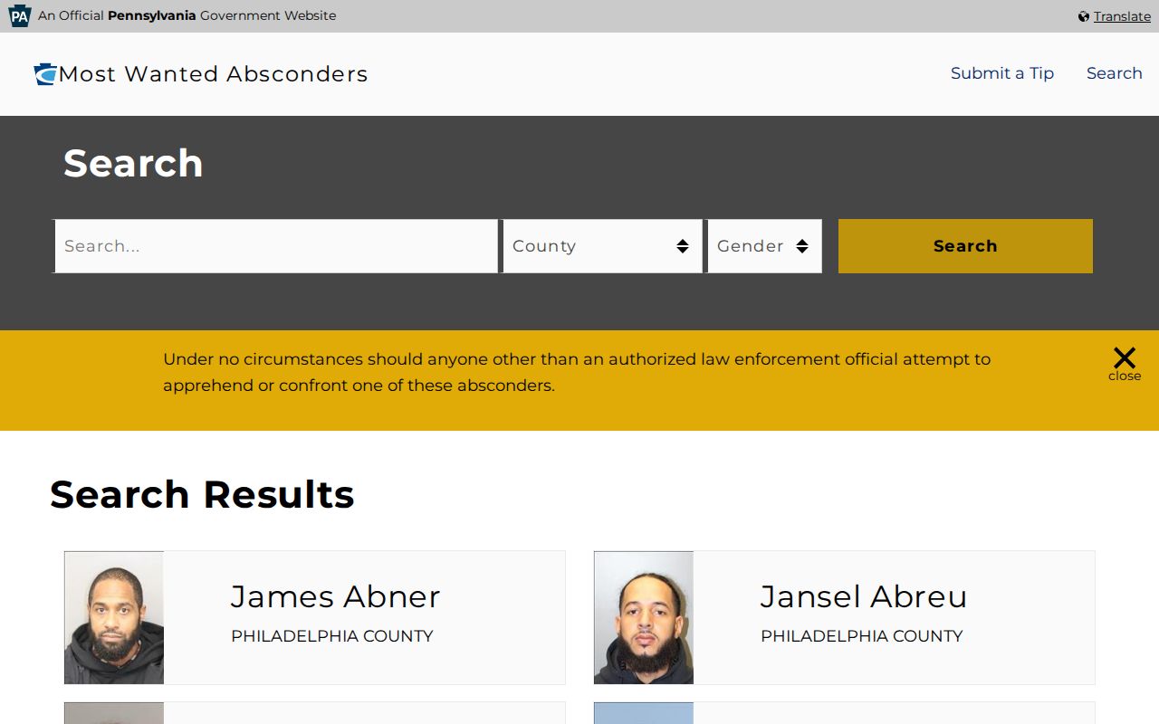 Dauphin County state parole absconder status search