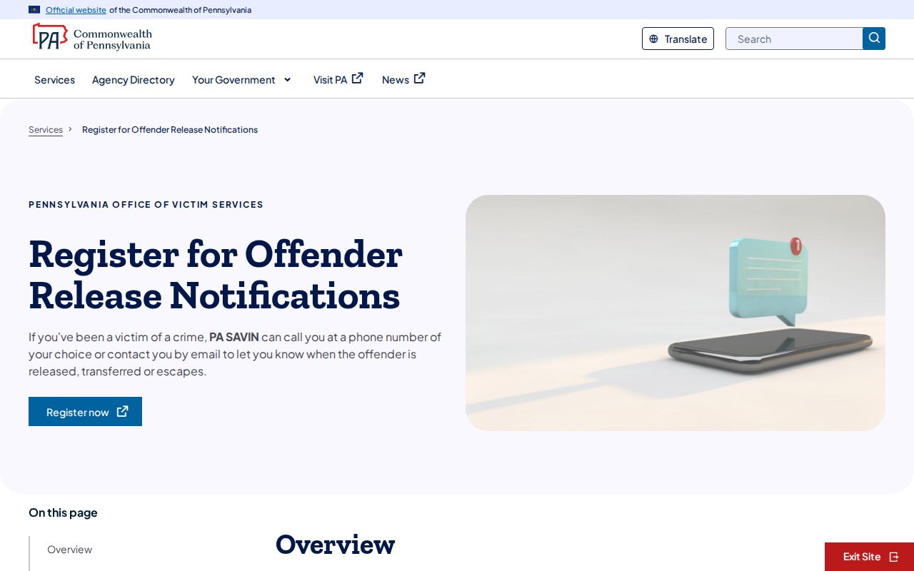PA SAVIN Dauphin County release notification registration instructions